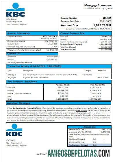 Declaração de hipoteca bancária KBC da Bélgica modelo